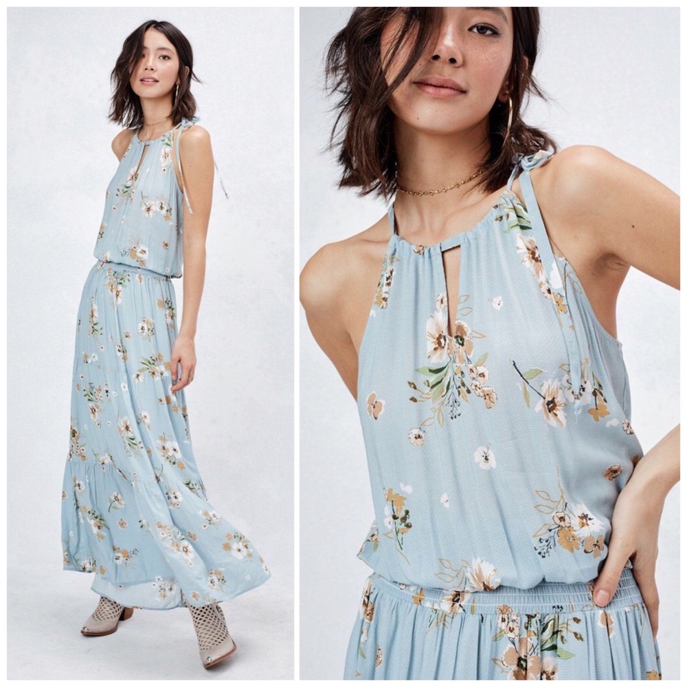 Love Stitch blue floral print boho maxi dress